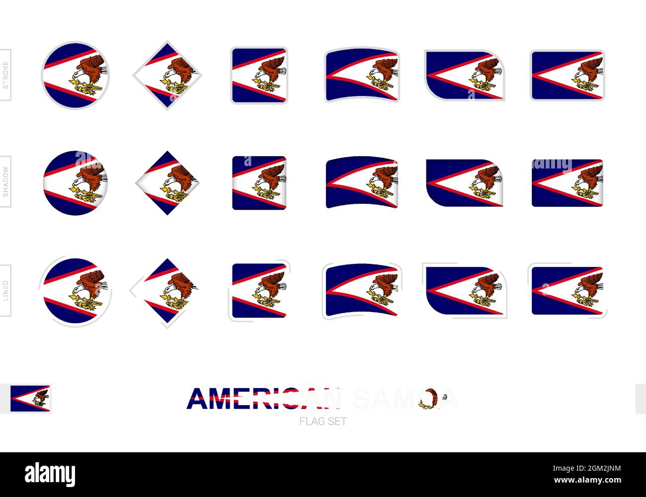 American Samoa flag set, simple flags of American Samoa with three different effects. Vector illustration. Stock Vector