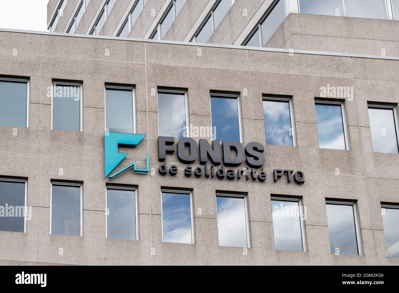 Close up of Fonds de solidarite FTQ sign at their headquarters in Montreal, Quebec, Canada. Stock Photo