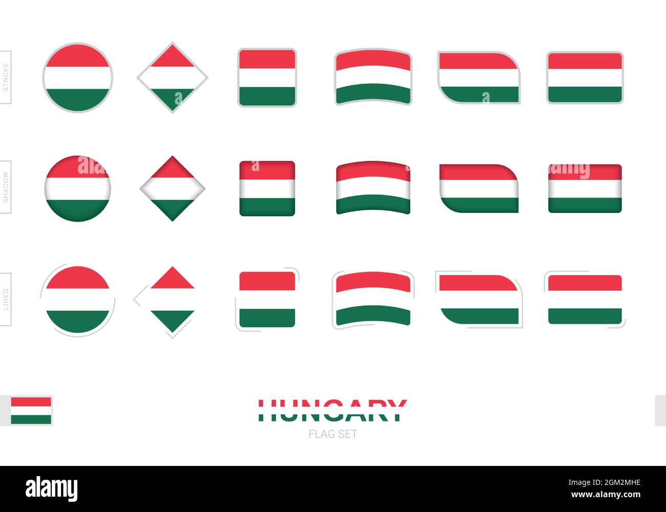Hungary flag set, simple flags of Hungary with three different effects. Vector illustration. Stock Vector