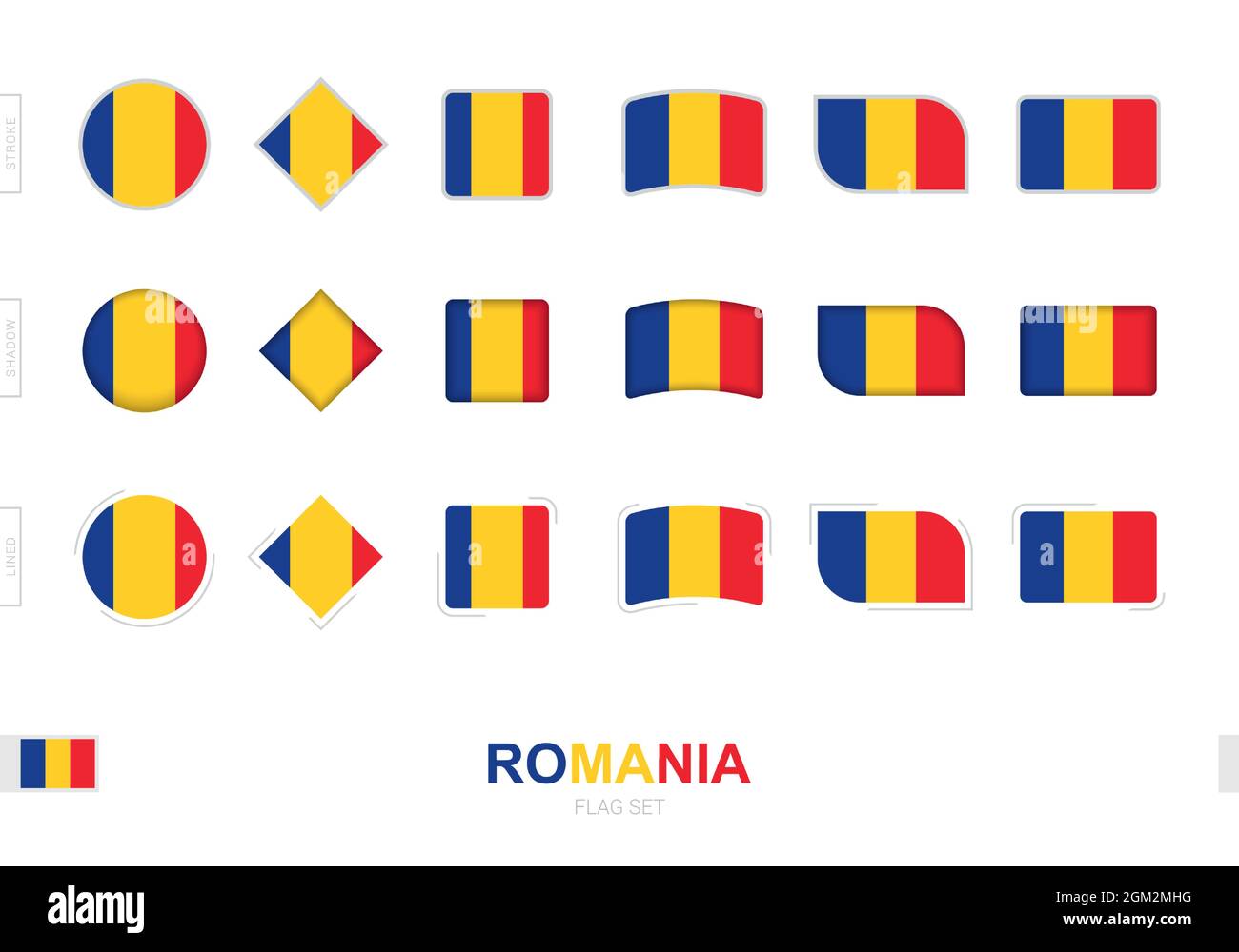 Romania flag set, simple flags of Romania with three different effects