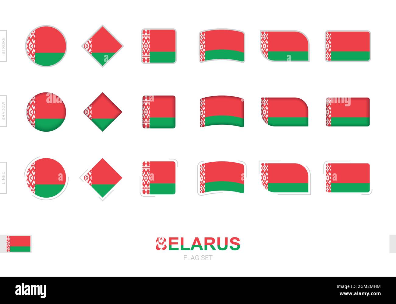 Belarus flag set, simple flags of Belarus with three different effects. Vector illustration. Stock Vector