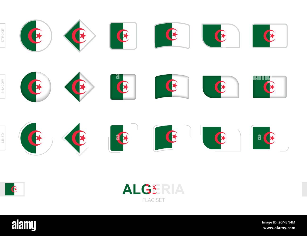 Algeria flag set, simple flags of Algeria with three different effects. Vector illustration