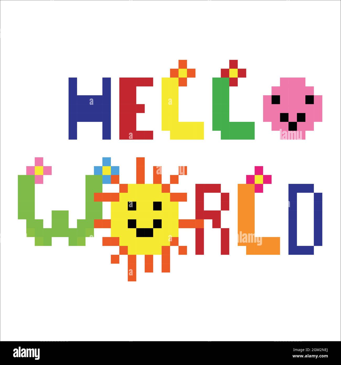 hello world Pixel Art isolated on white Background. bit icon. Pixel design illustration. Pixel art. Stock Photo