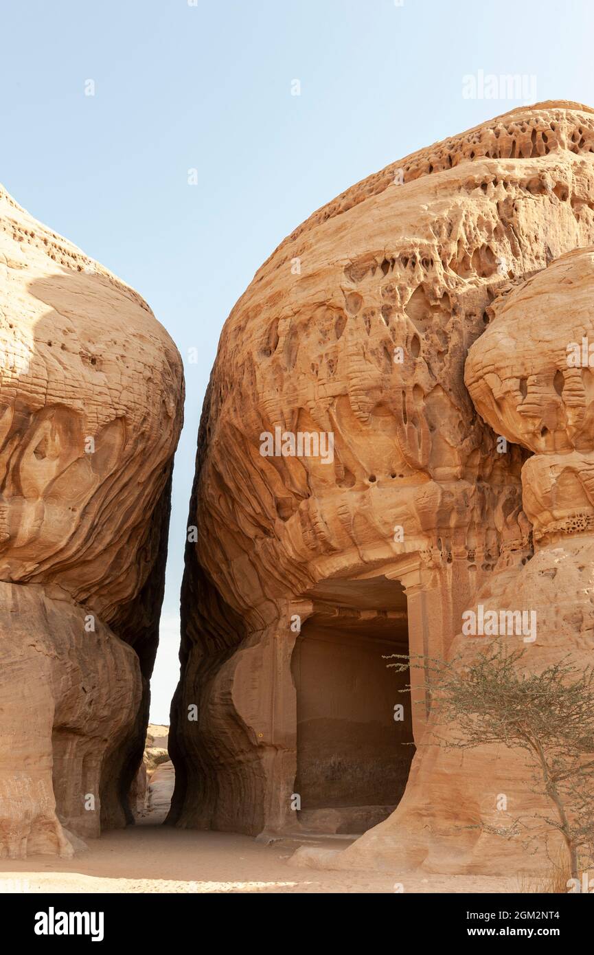 Amazing carved buildings of Hegra (known as Madain Saleh or Al Hijr) similar to those at Petra found near AlUla in Saudi Arabia Stock Photo