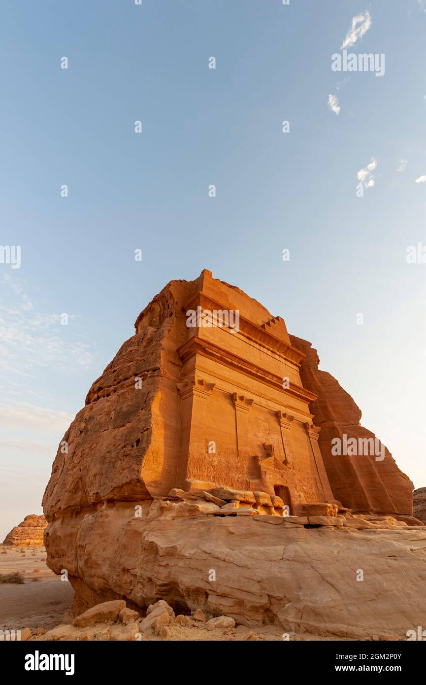 Amazing carved buildings of Hegra (known as Madain Saleh or Al Hijr) similar to those at Petra found near AlUla in Saudi Arabia Stock Photo
