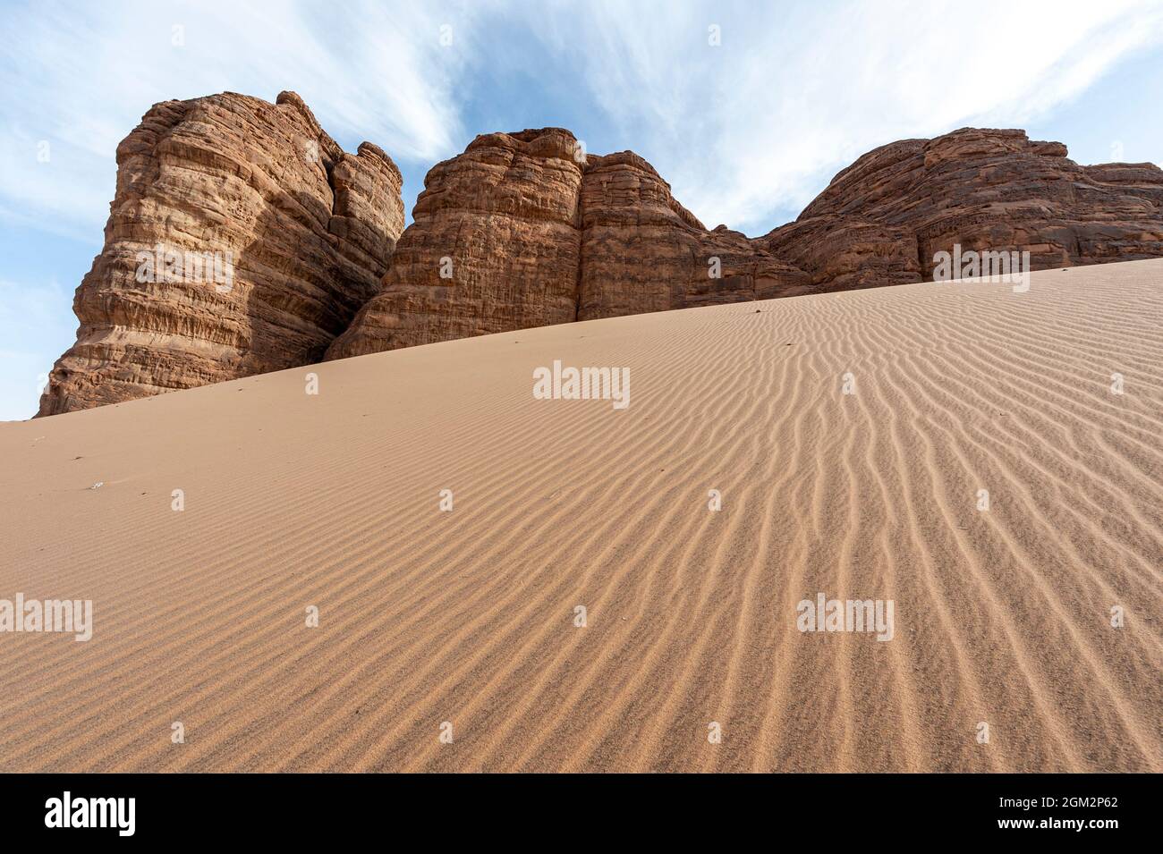 Sandstone rock formations of crazy shapes in the desert near Medina and AlUla and Madain Saleh in Saudi Arabia Stock Photo