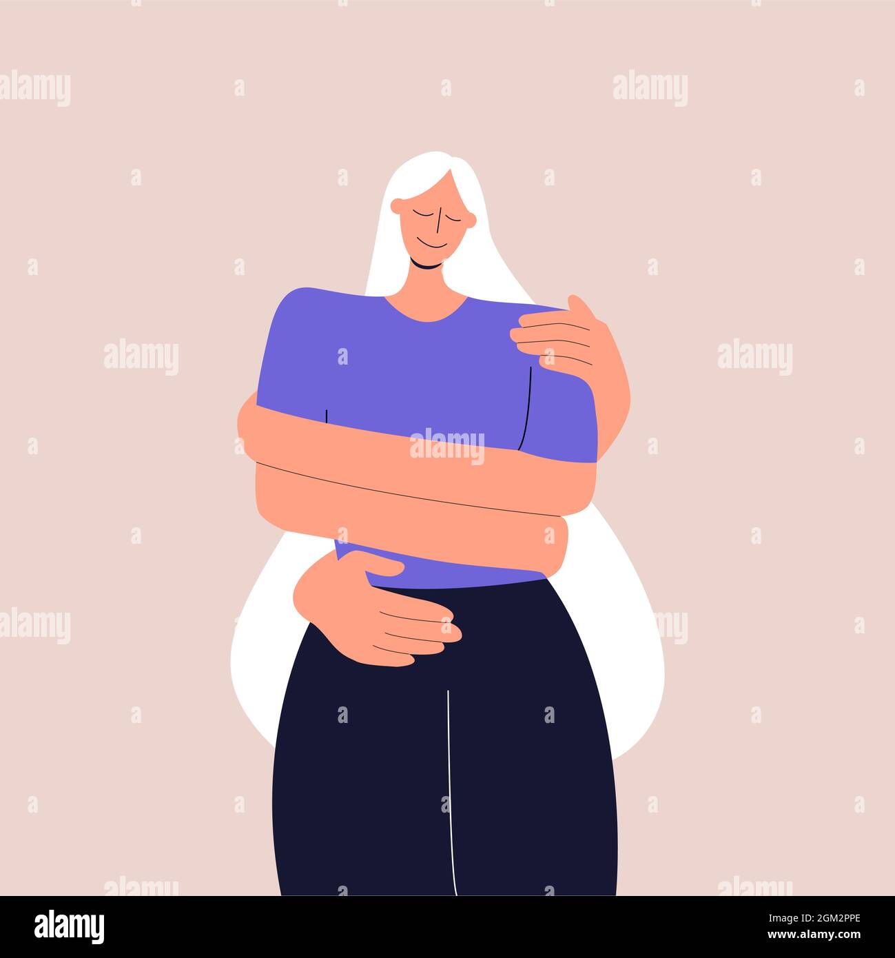 The concept of love and careful attitude to yourself. The girl hugs herself by the shoulders. Taking care of mental and physical health. Flat vector Stock Vector