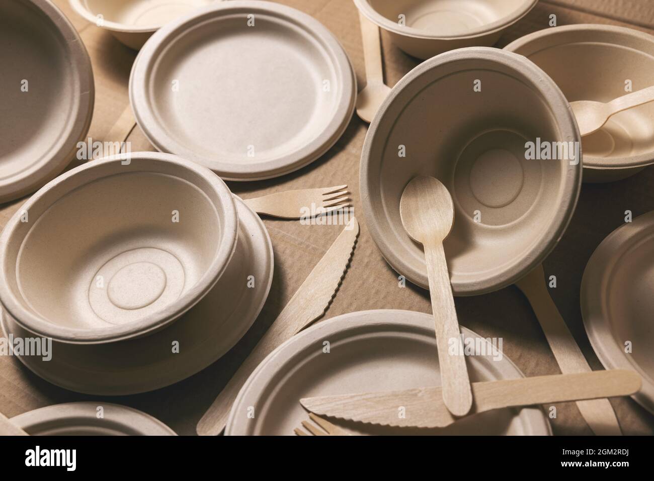 eco-friendly disposable tableware. recycled paper dishes and wooden cutlery Stock Photo