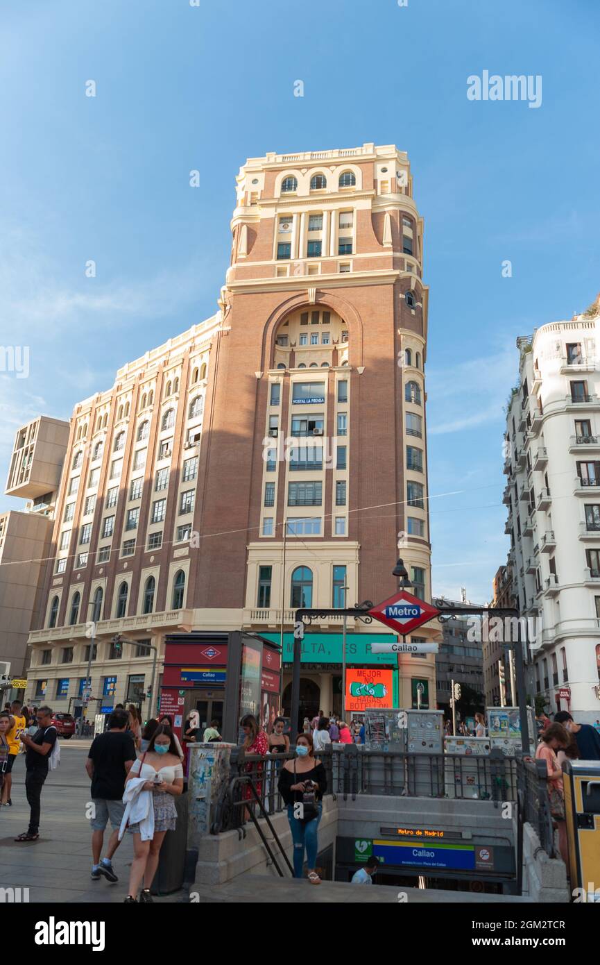 Madrid, Spain; 5th September: Palacio de la Prensa building and Callao subway, seen from Plaza de Callao. In the midst of the decrease in COVID incide Stock Photo