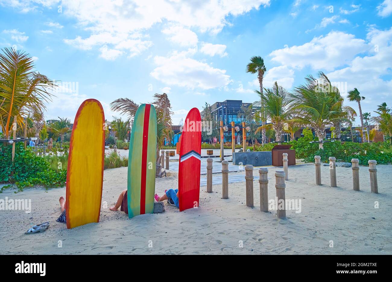 DUBAI, UAE MARCH 4, 2020 The installation of the colorful surfboards