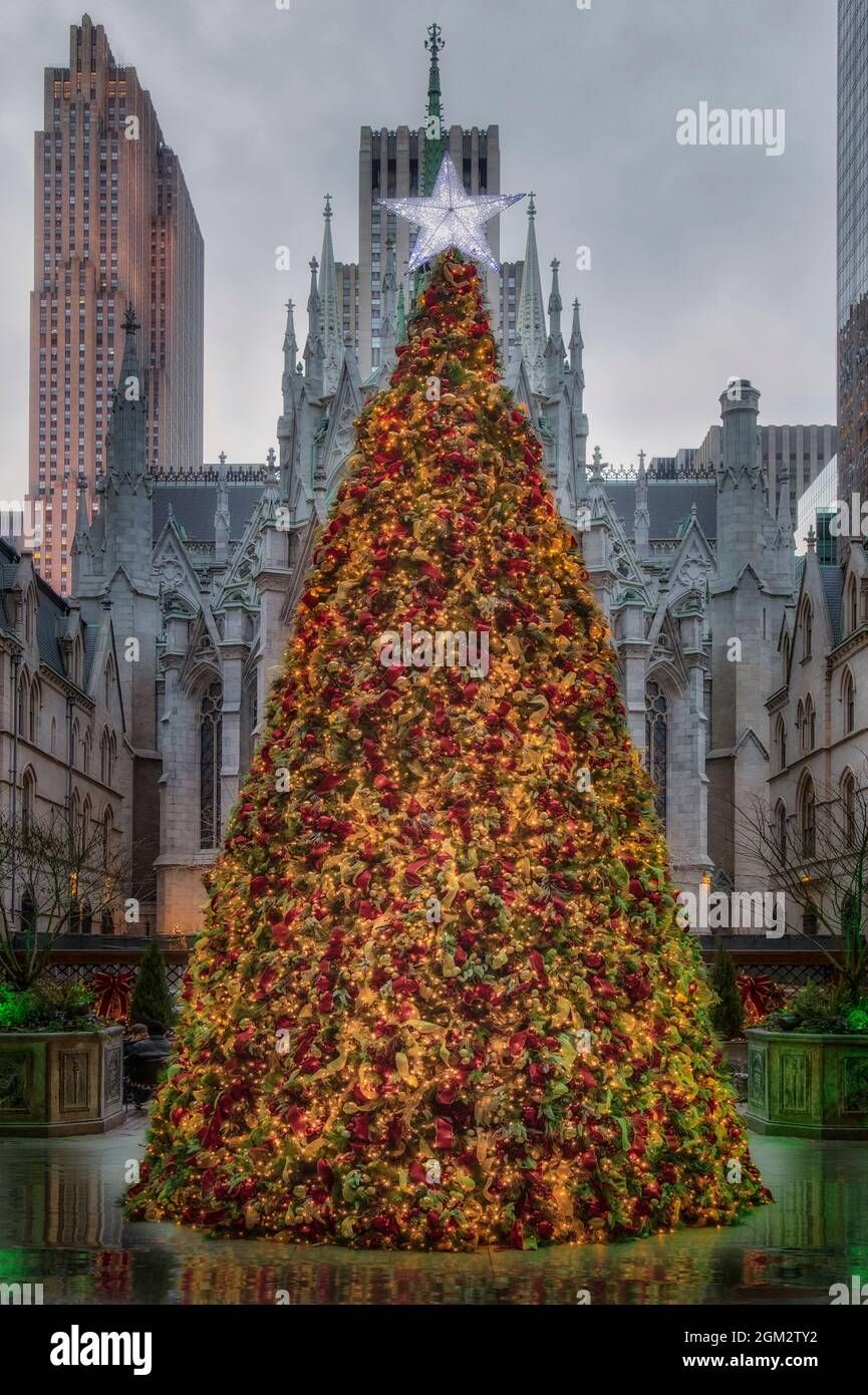 Lotte New York Palace  - View to the luxury hotel courtyard decorated for Christmas during the holidays with Saint Patricks Cahtedral & theRockefeller Stock Photo
