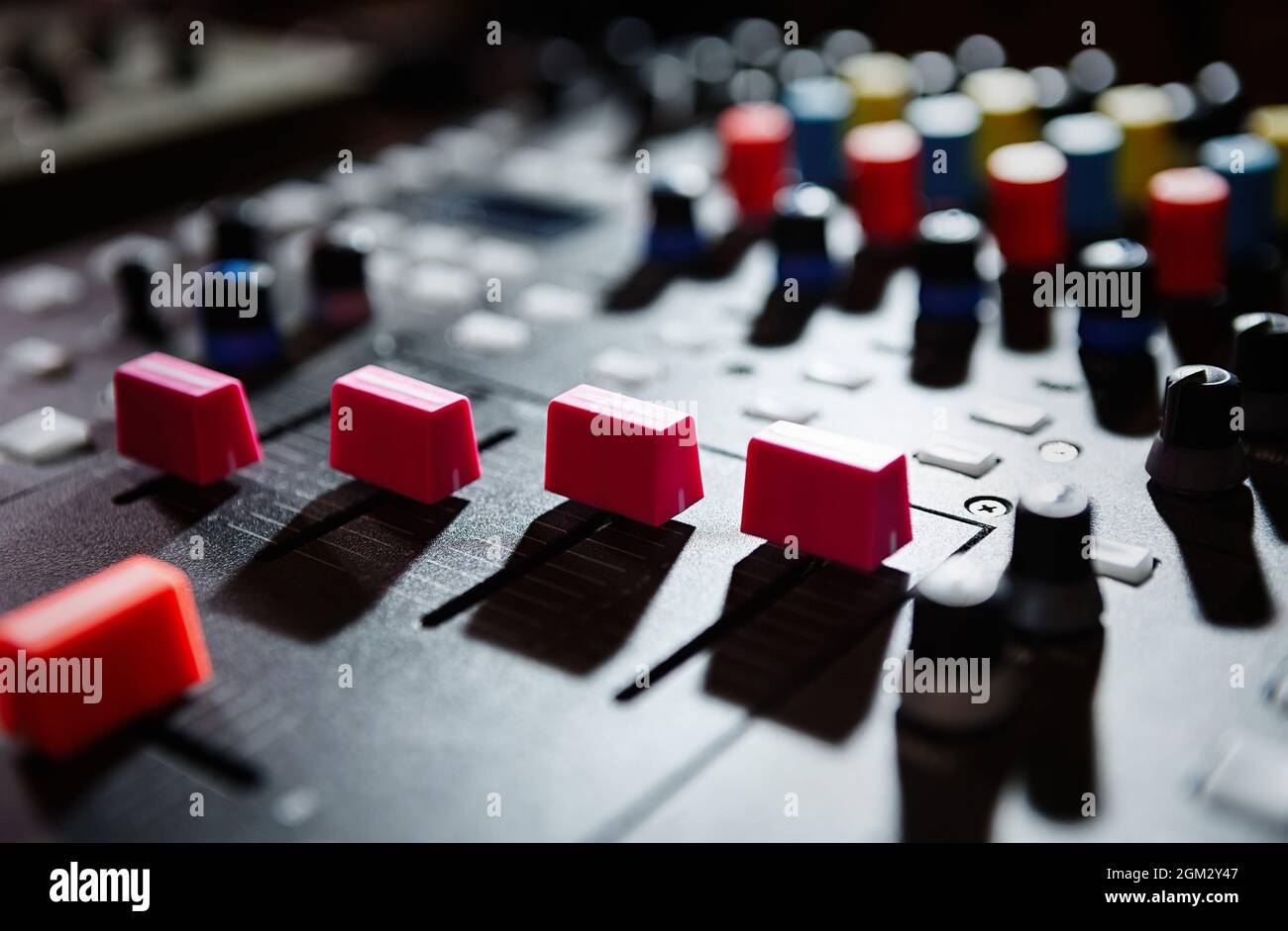 Volume regulators on dj mixer. Audio mixing controller faders for professional disc jockey Stock