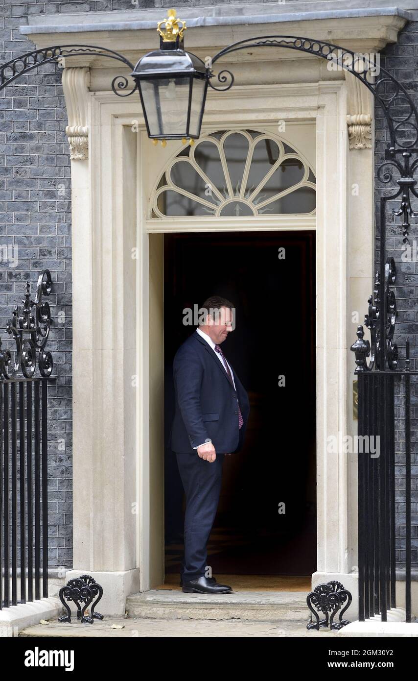 Mark Spencer MP - Parliamentary Secretary to the Treasury (Chief Whip) in the door of 10 Downing Street during a cabinet reshuffle, 15th Sept 2021, in Stock Photo