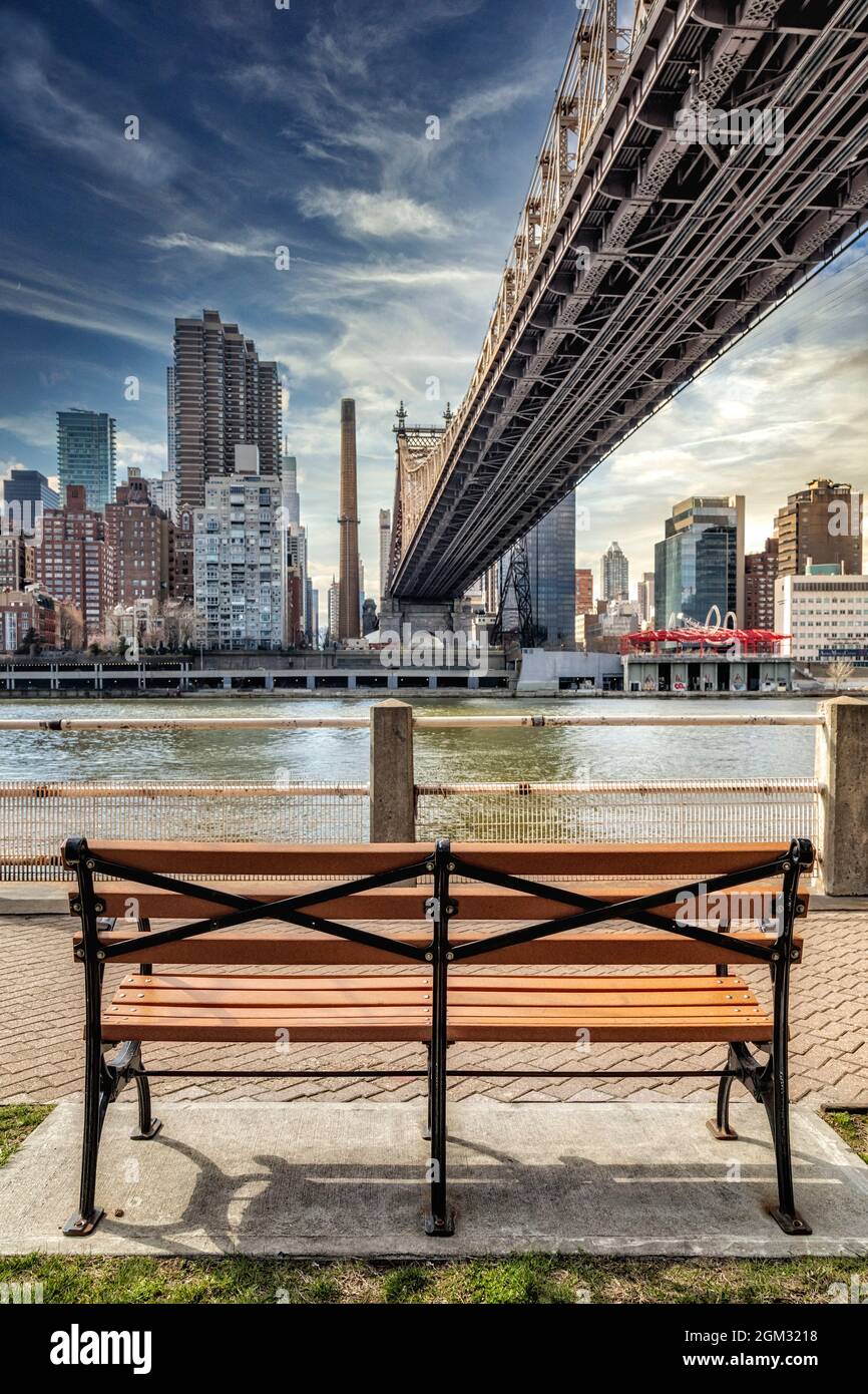 View To NYC From Roosevelt Island - A  view from beneath the Ed Koch 59th Street Queensboro bridge to midtown Manhattan skyline in New York City/   Al Stock Photo
