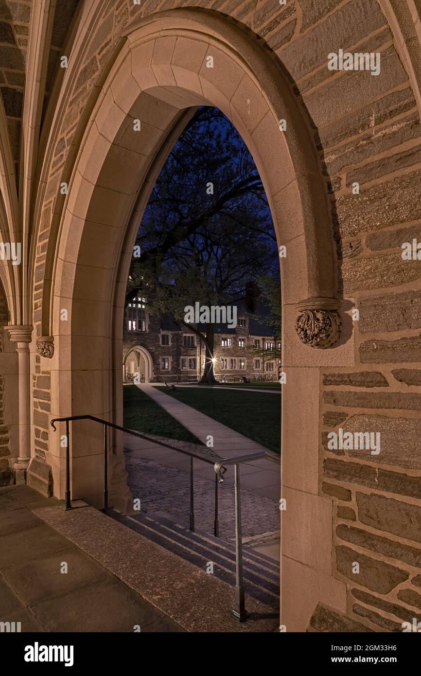 A view From Holder Hall Princeton University  - A view to the illuminated Collegiate Gothic architecture during the blue hour of twilight.   Princeton Stock Photo
