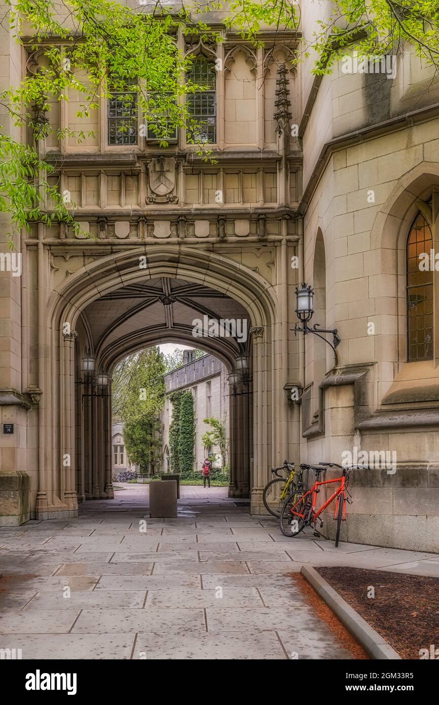 Princeton University Arches -  View to path and archway  at Princeton University's Nassau Street entrance to campus.  Princeton University is a privat Stock Photo