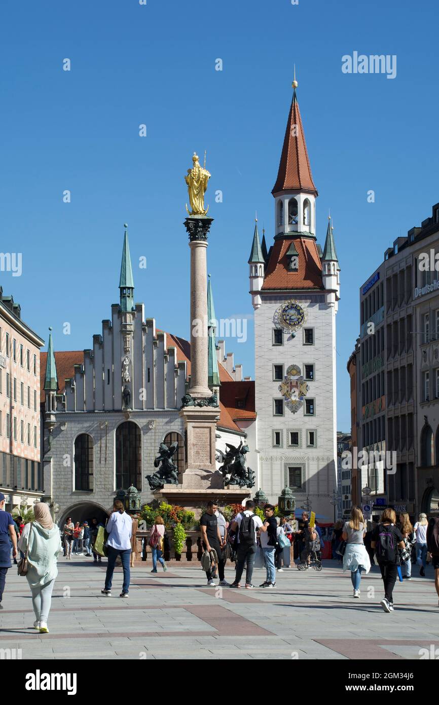 Marienplatz in the Old town of Munich with Old Townhall and marian column - Germany. Stock Photo