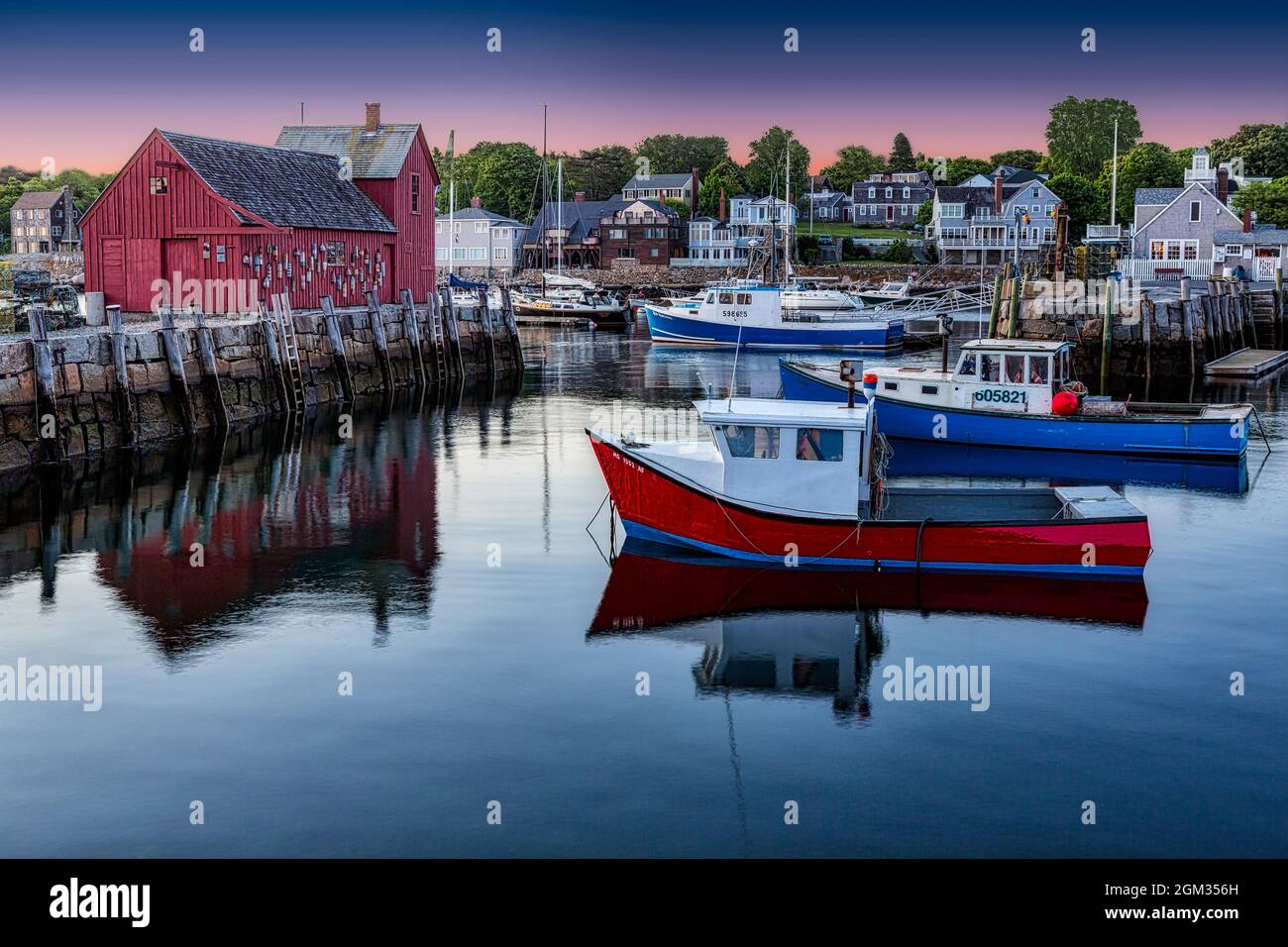 Motif Number One ME - The quintessential New England Motif Number One sunrise. Located on Bradley Wharf in the harbor town of Rockport. Motif Number O Stock Photo