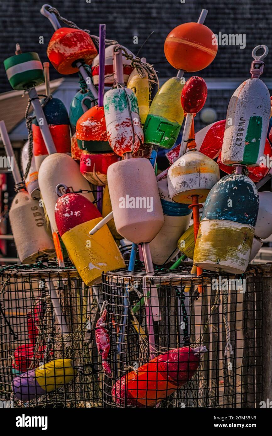 P Town Fishing Buoys - Weathered but very colorful fishing buoys found at Provincetown in Cape Cod Massachusetts in New England,  This image is availa Stock Photo