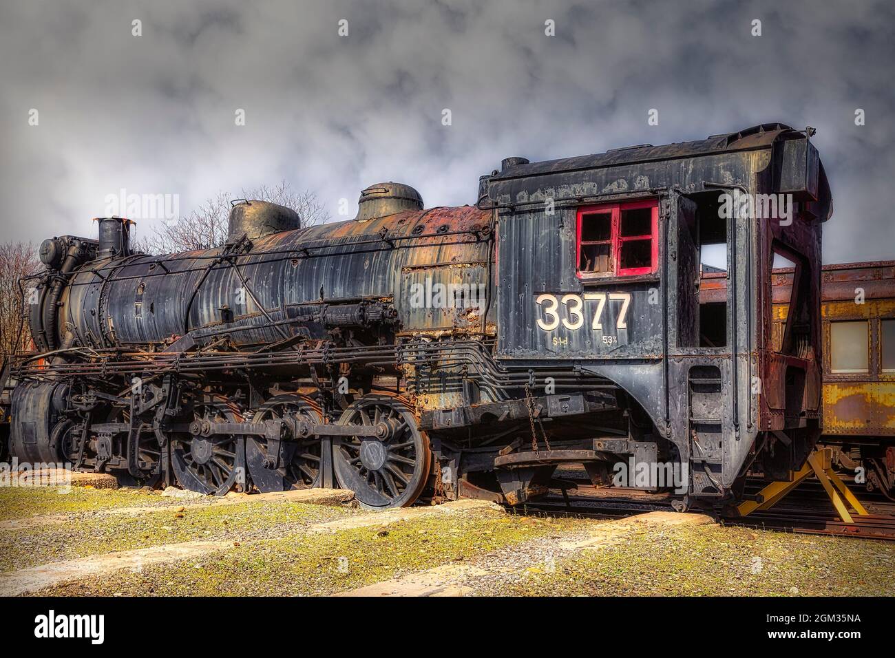 CNR Number 3377 - Abandoned vintage Canadian National Railways steam engine vintage train #3377.   This image is also available as a black and white. Stock Photo