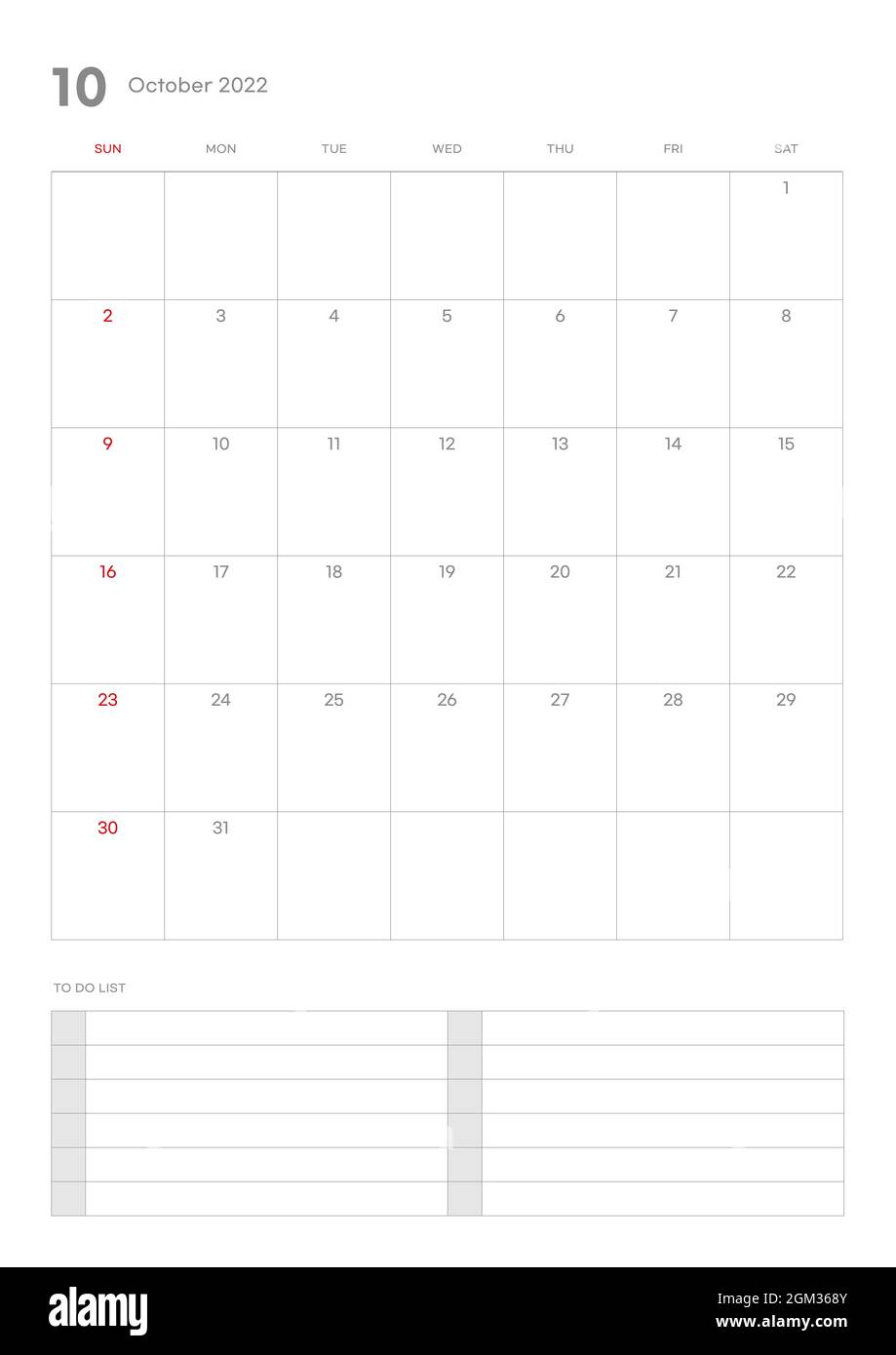 October 2022 Calendar Template Illustration. Note, Scheduler, Diary, Planner Document Template Illustration Stock Photo - Alamy