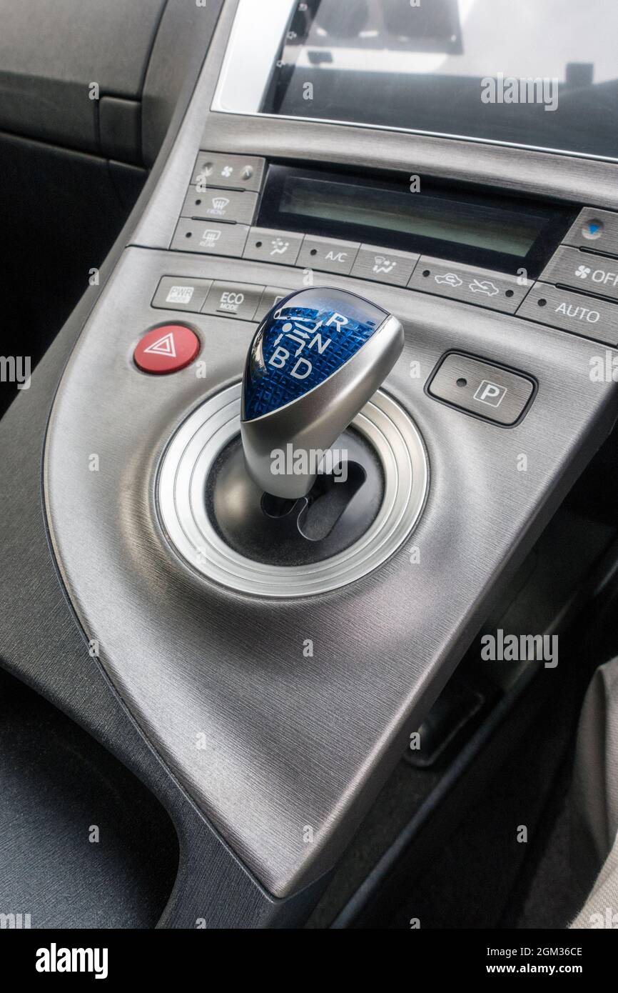Console and gear stick of a Japanese import used Toyota Prius Stock Photo