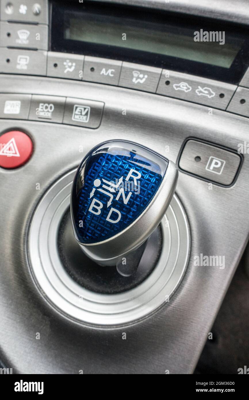 Console and gear stick of a Japanese import used Toyota Prius Stock Photo