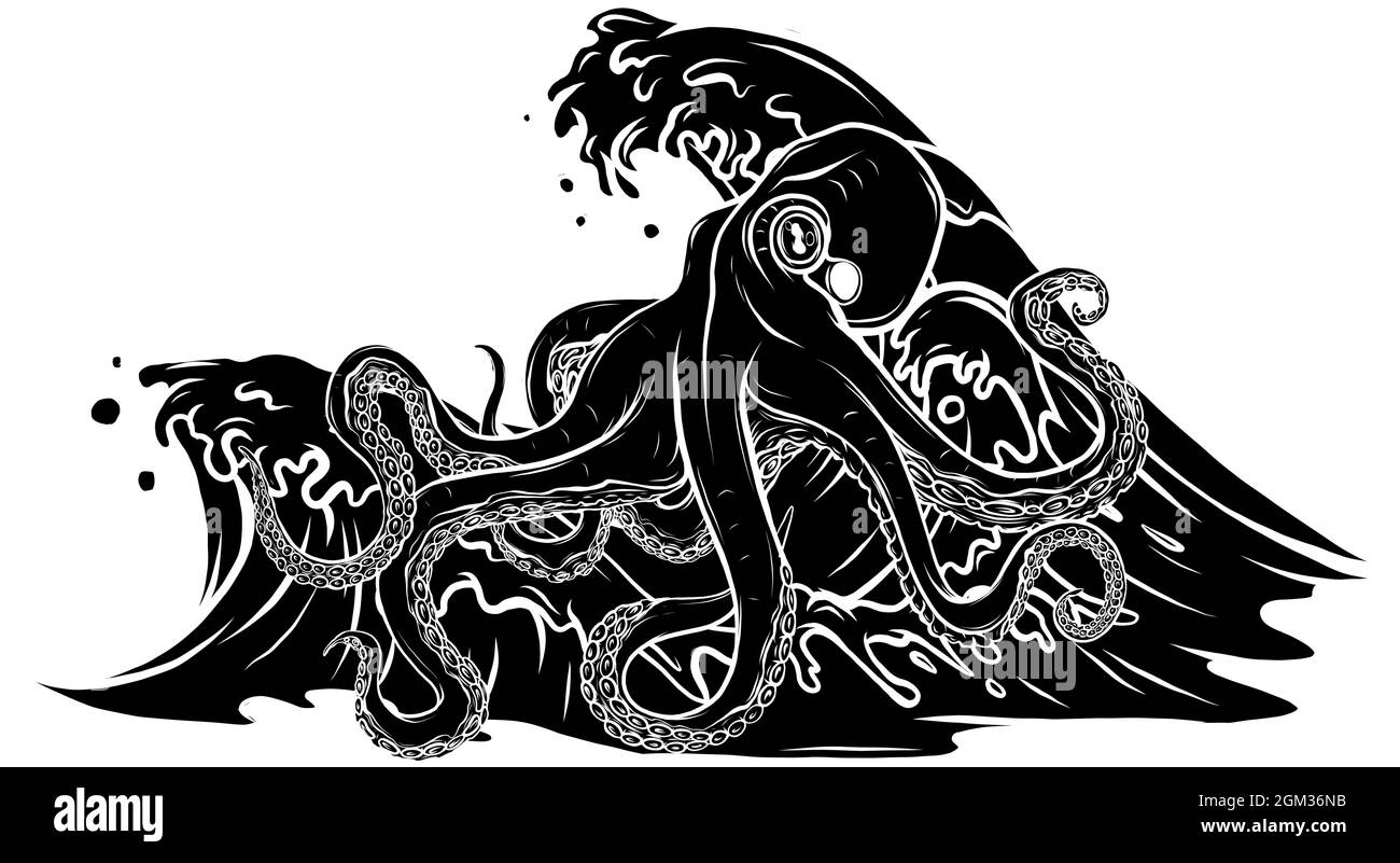 vector illustration of silhouette octopus in waves. Stock Vector