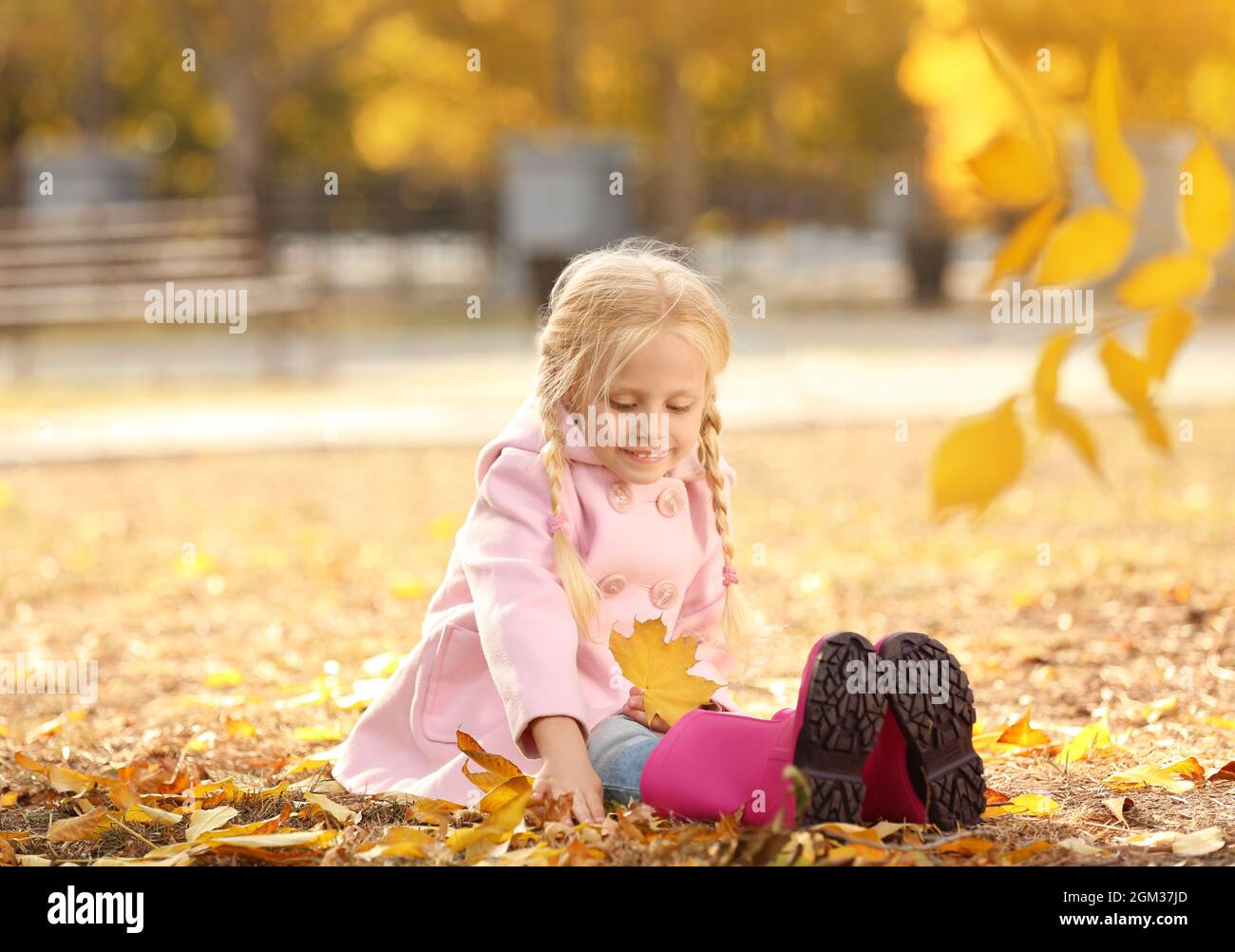 Cute little girl sitting on ground in autumn park Stock Photo - Alamy
