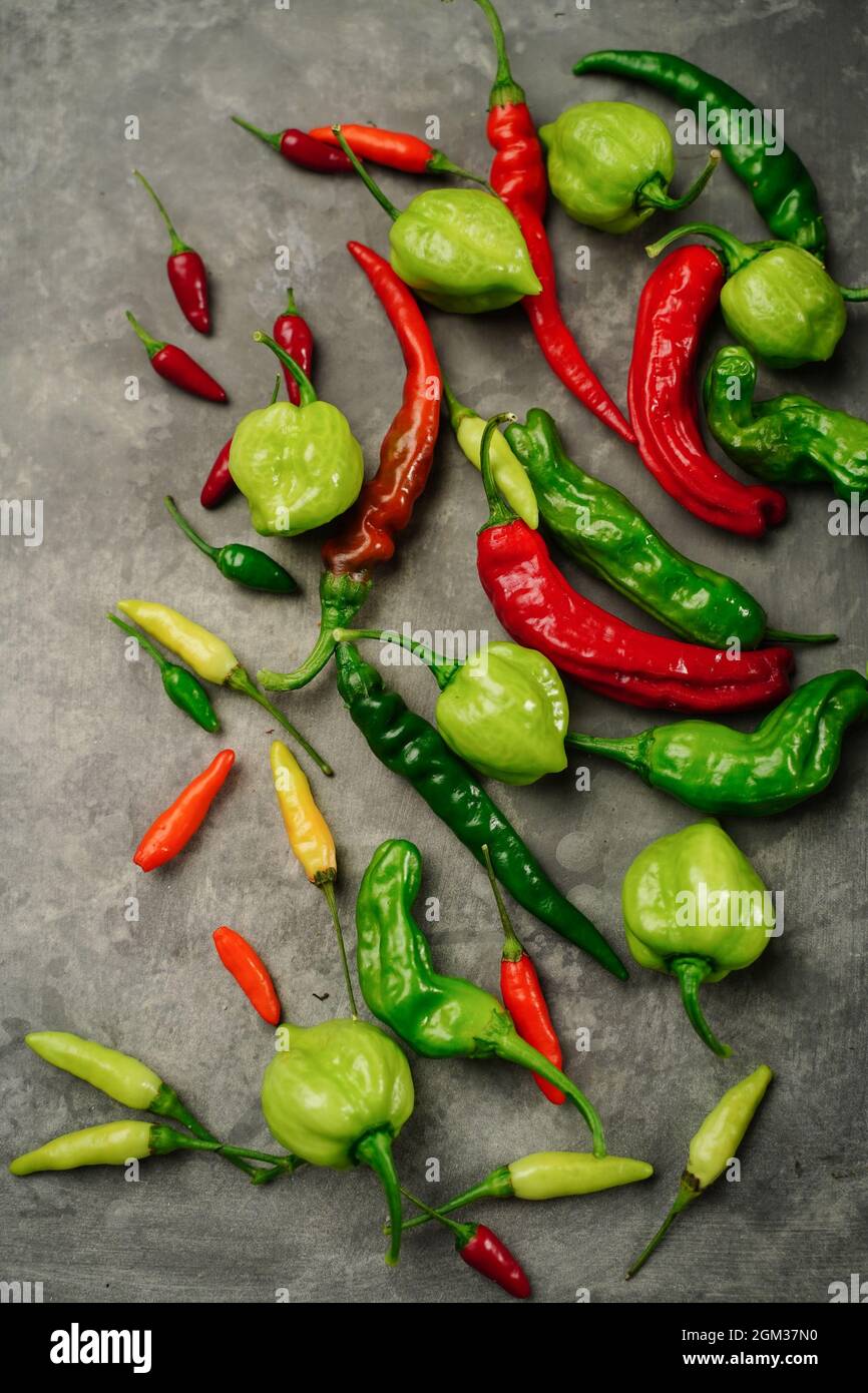 Different types of homegrown chillies or chilli peppers background