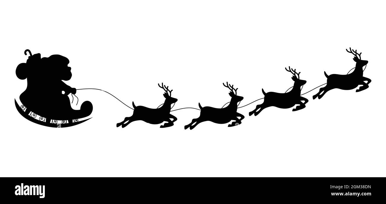 Santa Claus on a sleigh with reindeers vector illustration isolated on white background. Christmas silhouette. Stock Vector