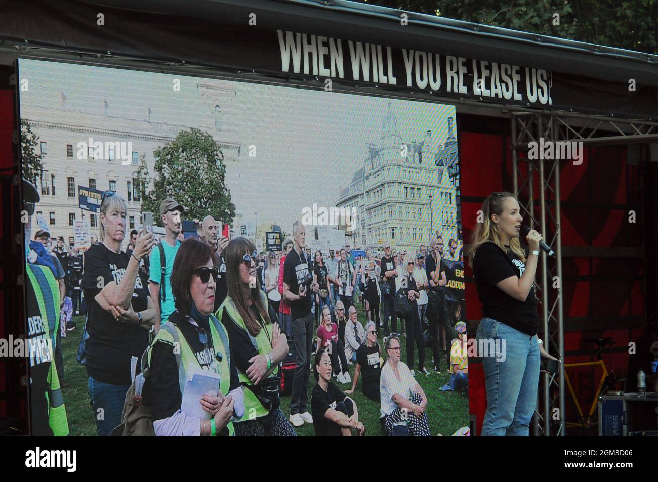 London, UK. 16th Sep, 2021. Leaseholders together rally held in Parliament Square outside the Houses of Parliament in support of the victims of the fire in Grenfell Tower. Credit: JOHNNY ARMSTEAD/Alamy Live News Stock Photo