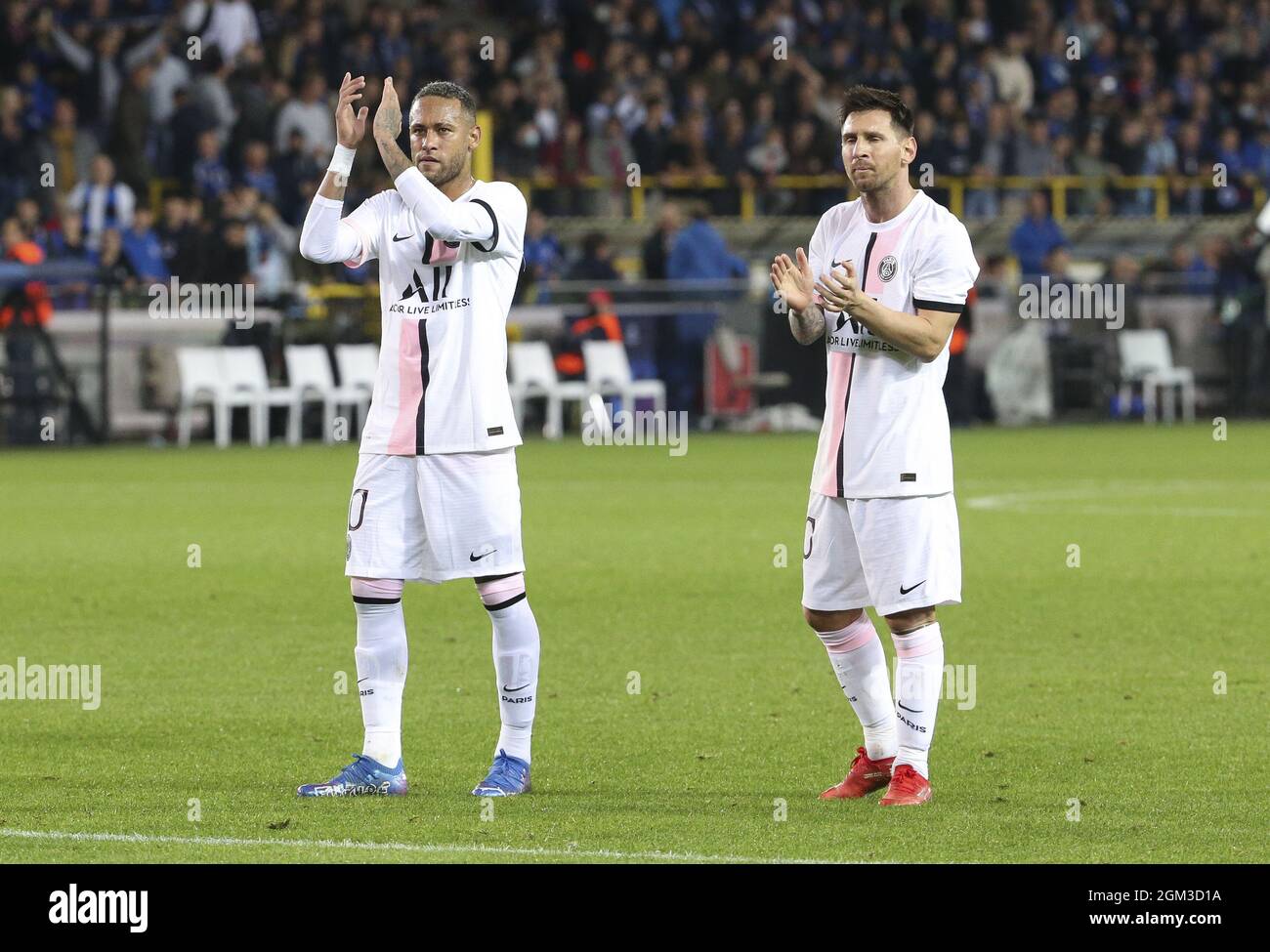 Bruges, Belgium. 15th Sep, 2021. Neymar Jr, Lionel Messi of PSG salute