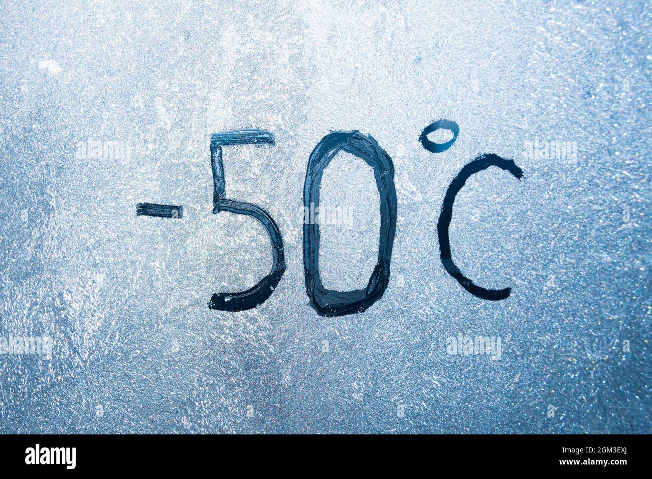 -58 degrees Fahrenheit or -50 Celsius number lettering on icy glass covered with ice and frost. The concept of extreme cold weather Stock Photo
