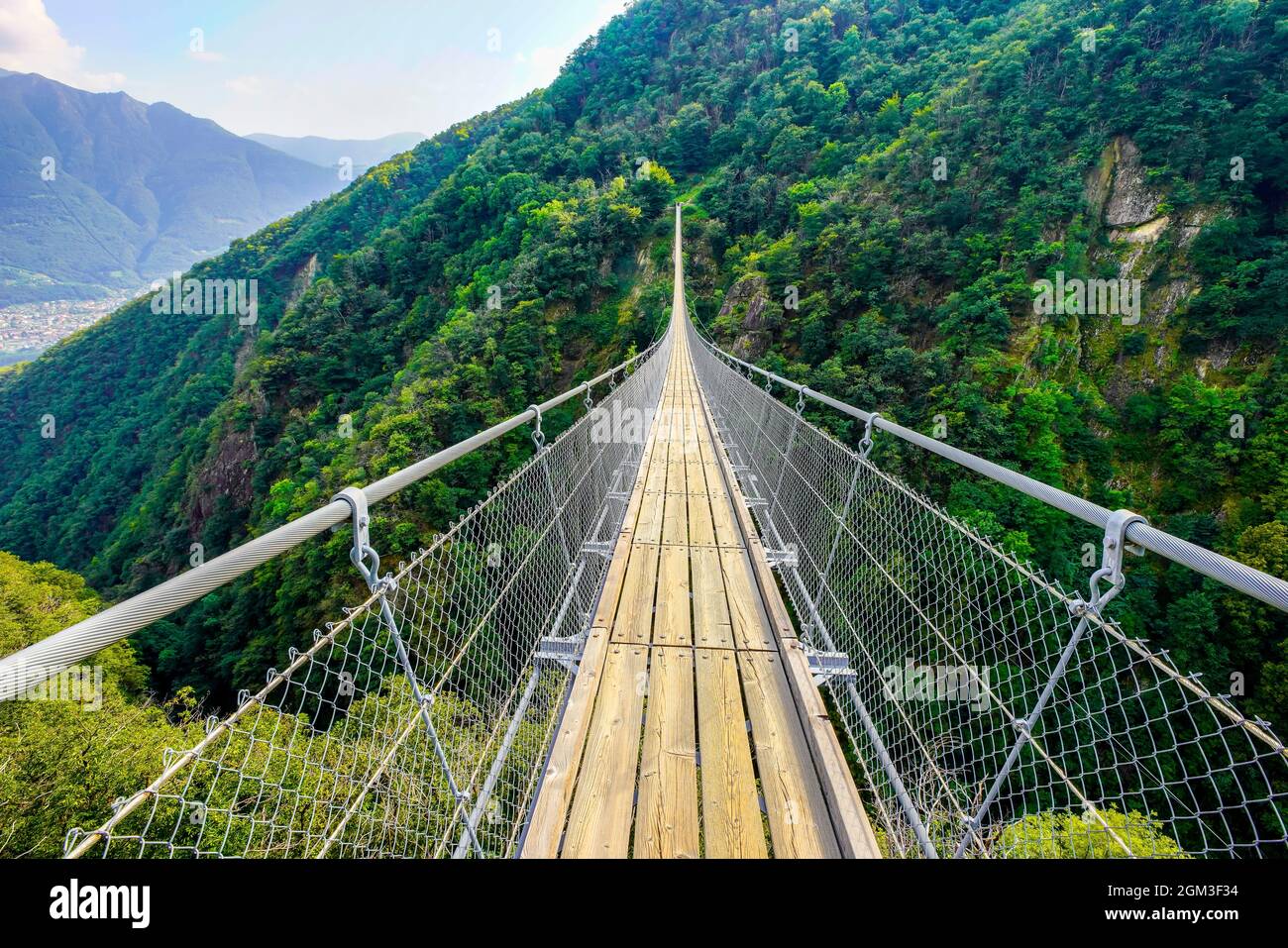 Tibetan bridge Carasc or Ponte Tibetano Valle di Sementina or Tibetische Brucke Carasc, Monte Carasso - Canton of Ticino, Switzerland Stock Photo