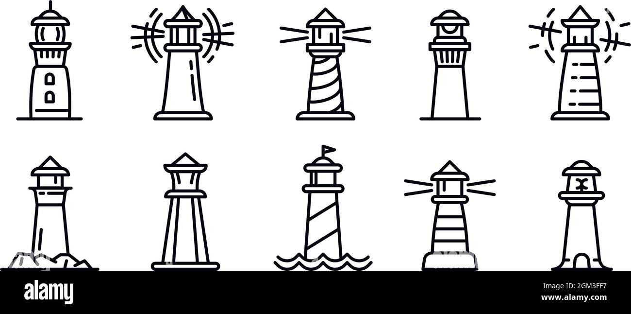 Lighthouse icons set. Outline set of lighthouse vector icons for web design isolated on white background Stock Vector