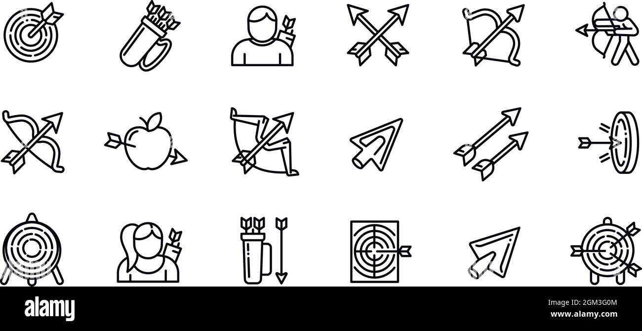 Archery icons set. Outline set of archery vector icons for web design isolated on white background Stock Vector