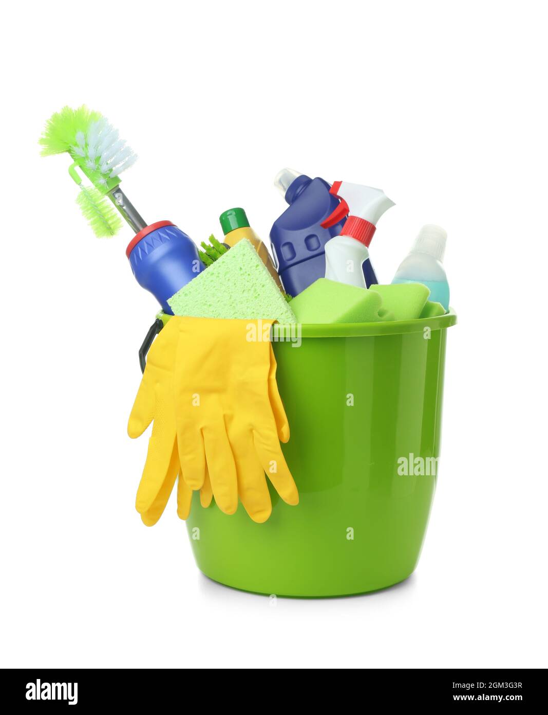 Cleaning supplies in plastic bucket, isolated on white Stock Photo Alamy
