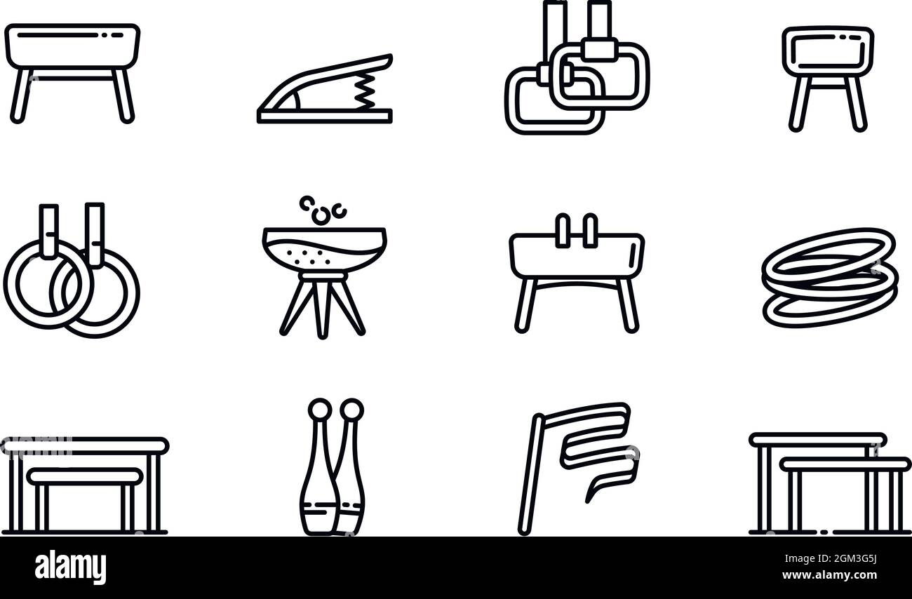 Gymnastics equipment icons set. Outline set of gymnastics equipment