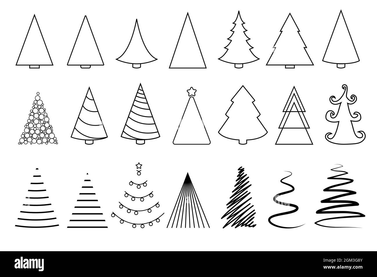 Various christmas tree silhouette set Outline handdrawn style Simple