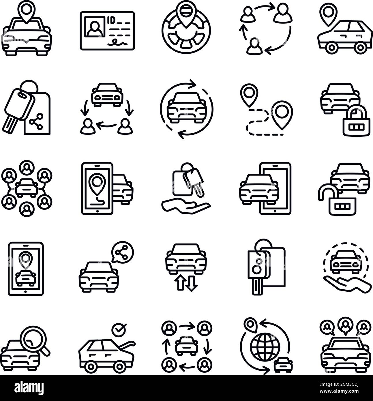 Car sharing icons set. Outline set of car sharing vector icons for web design isolated on white background Stock Vector