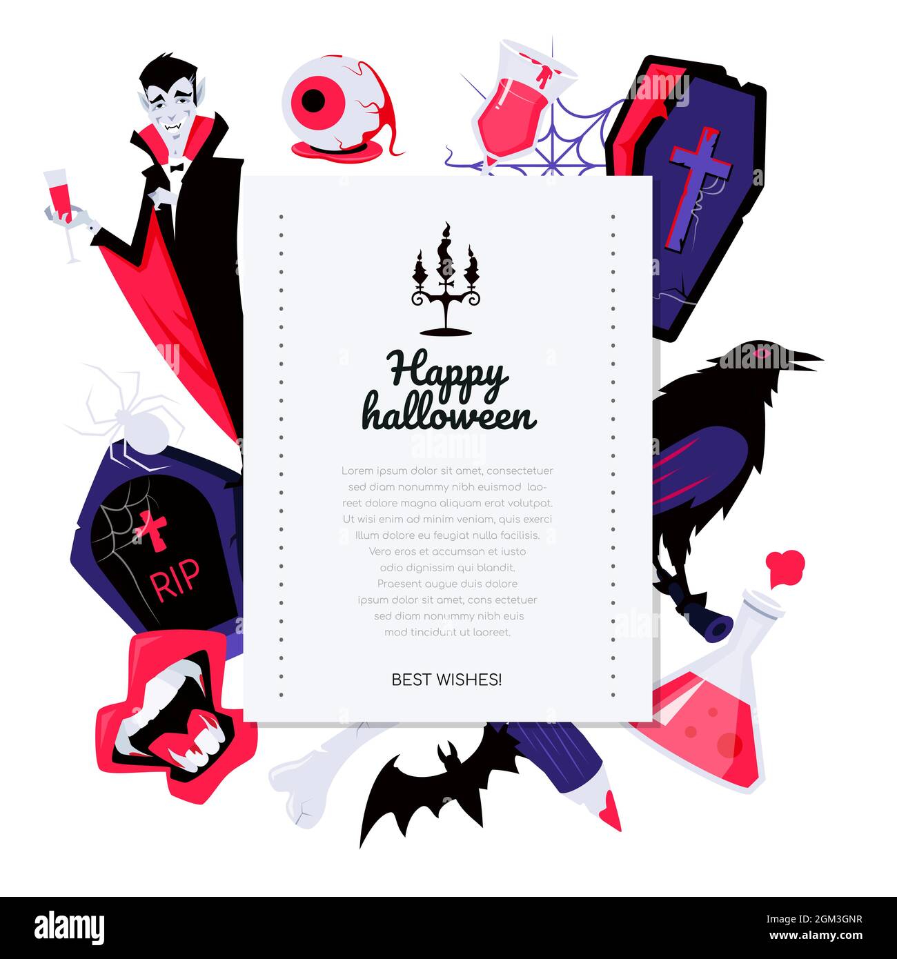 Happy Halloween - modern cartoon style colored poster on white background and copy space for text. Vampire collection. Dracula, headstone, coffin, rav Stock Vector