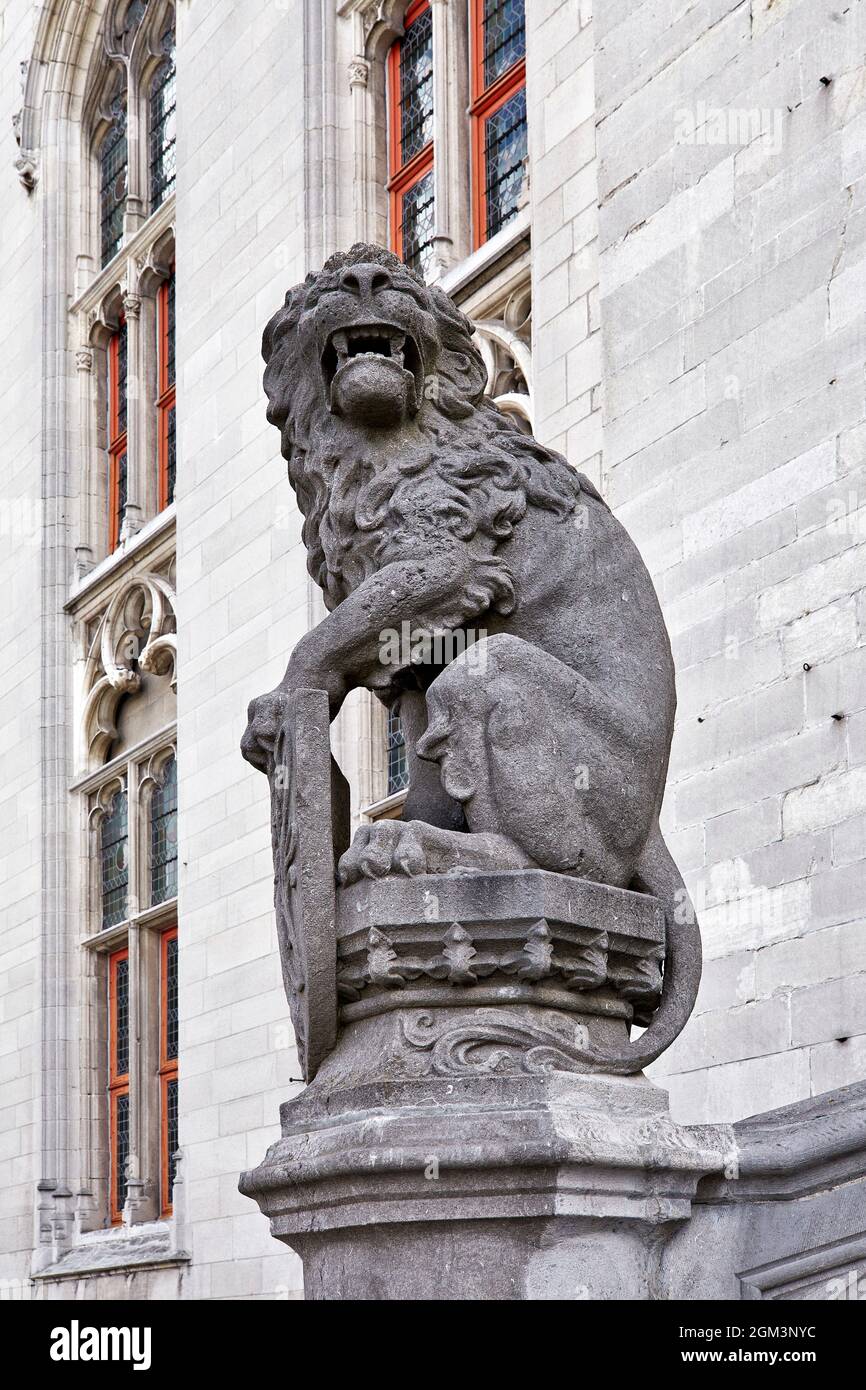 Stone lion. Provincial Court. Brugge. Flanders. Belgium Stock Photo