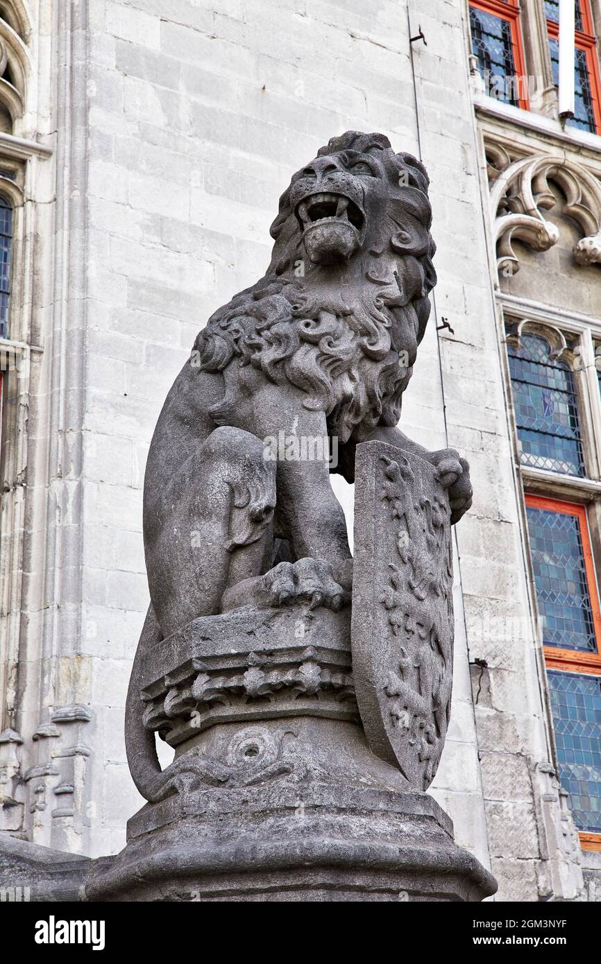 Stone lion. Provincial Court. Brugge. Flanders. Belgium Stock Photo