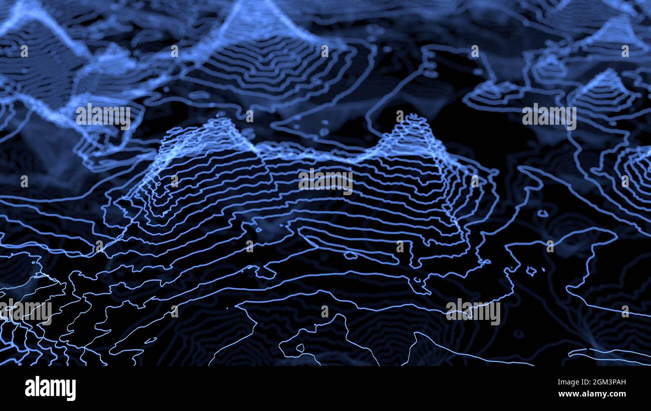 Fly over 3D glowing topographical map. Technological geographica big data futuristic concept 3d render illustration. Stock Photo