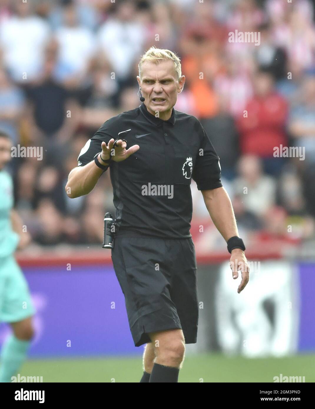 Referee Graham Scott during the Premier League match between Brentford and Brighton and Hove Albion  at the Brentford Community Stadium , London , UK - 11th September 2021 -  Editorial use only. No merchandising. For Football images FA and Premier League restrictions apply inc. no internet/mobile usage without FAPL license - for details contact Football Dataco Stock Photo