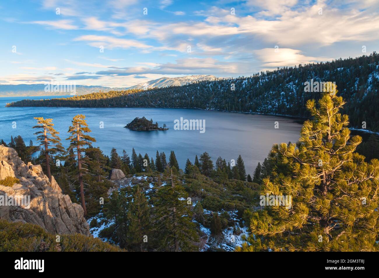 Scenic view of the Lake Tahoe's Emerald Bay, with Fannette Island, during a dry winter season, California, USA. Stock Photo