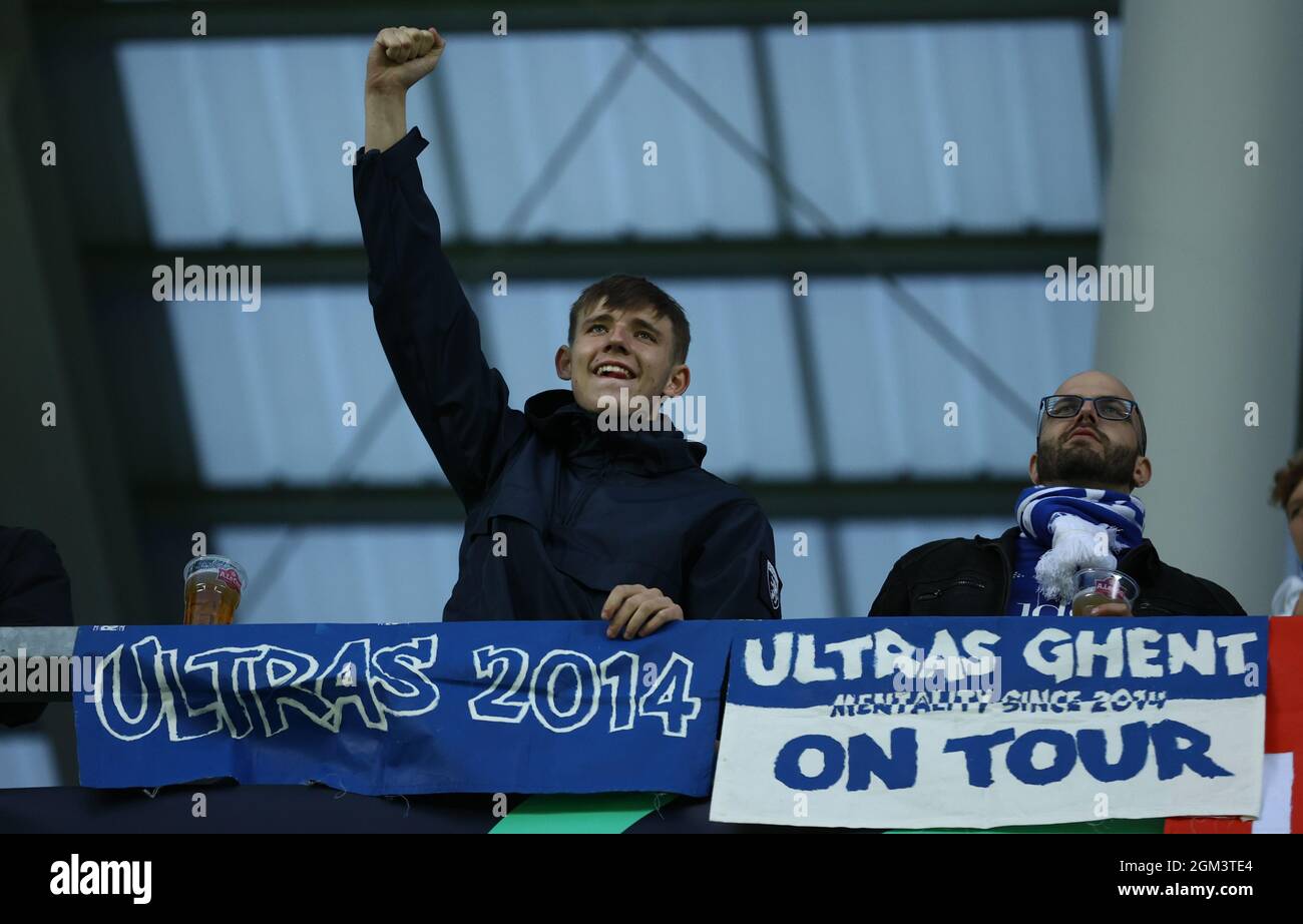 Gent's supporters pictured at a soccer game between Estonian FC Flora Tallinn and Belgian KAA Gent, Thursday 16 September 2021 in Tallinn, Estonia, on Stock Photo
