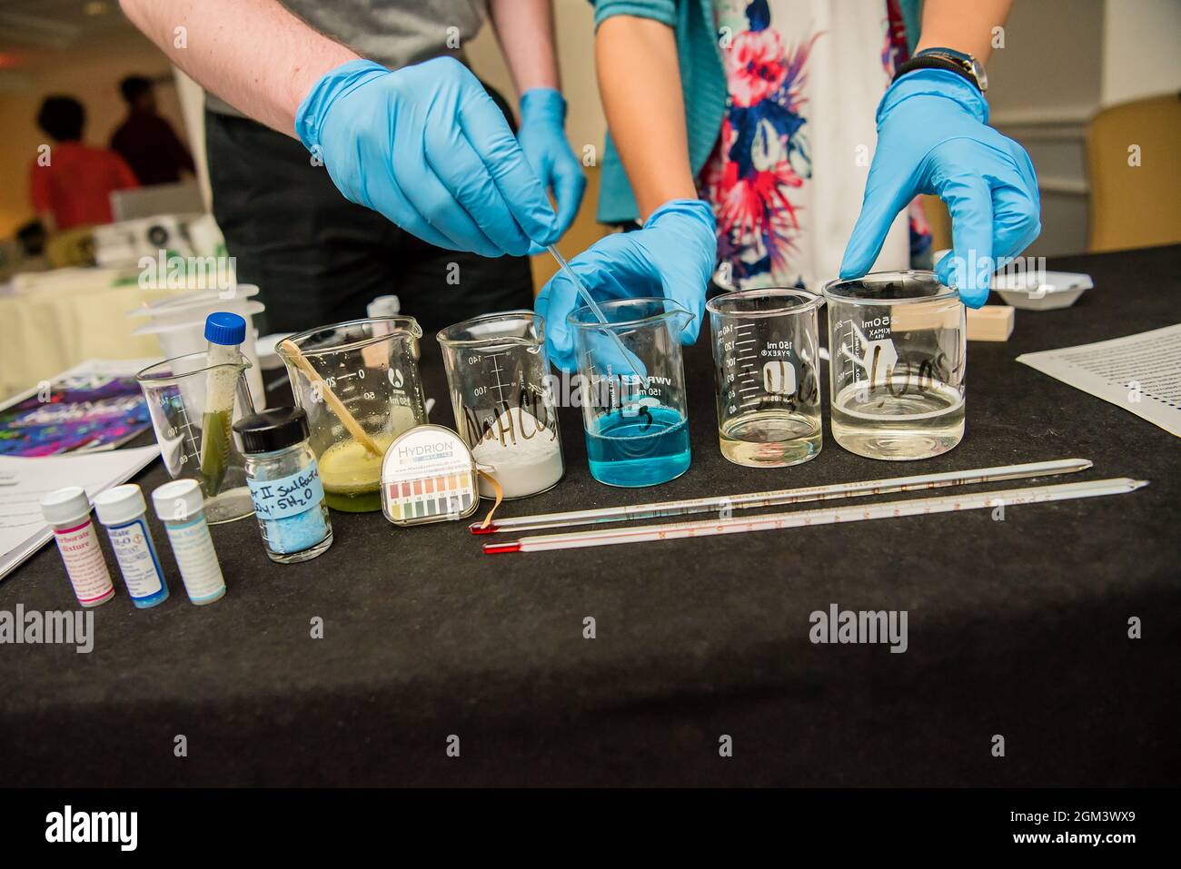Kids wearing latex gloves for science experiment Stock Photo