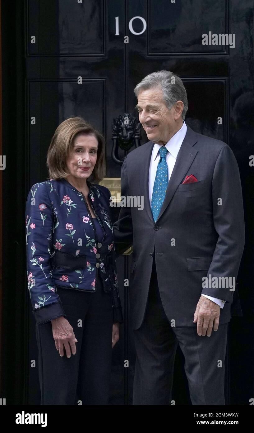Nancy Pelosi, the Speaker of the United States House of Representatives, stands outside 10 Downing Street, central London, with her husband Paul, as she arrives for talks with Prime Minister Boris Johnson. Picture date: Thursday September 16, 2021. Stock Photo